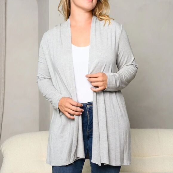 NEW PLUS Size Open Front Long Sleeved Grey Cardigan Sweater Boho Casual - Picture 2 of 3